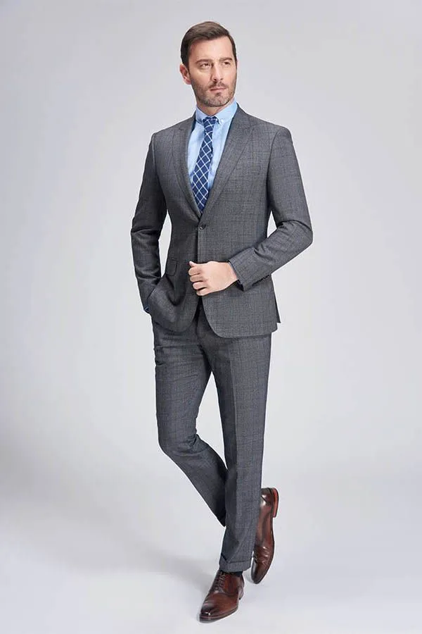 Advanced Grey Plaid Mens Suits for Business Peak Lapel Bespoke Suits for Men Sale