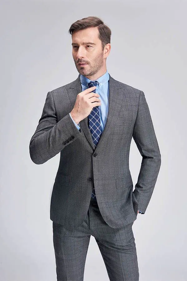 Advanced Grey Plaid Mens Suits for Business Peak Lapel Bespoke Suits for Men Sale