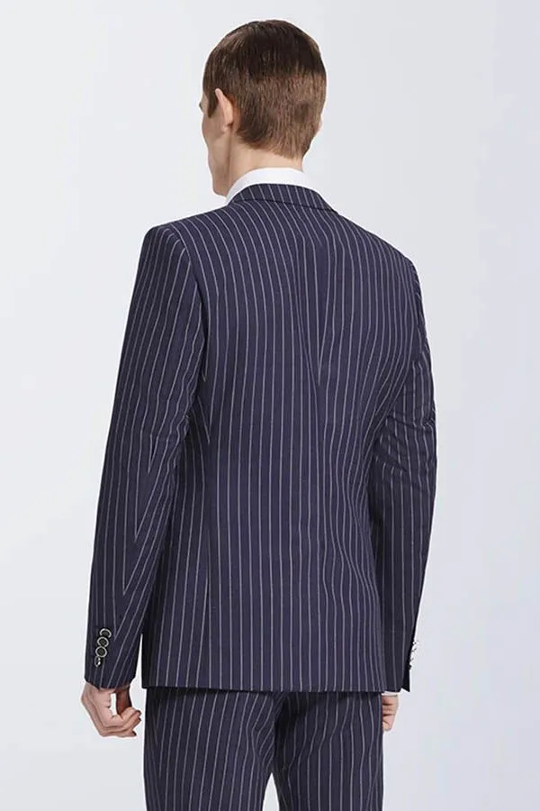 Bespoke Stripes Navy Marriage Suits Narrow Notch Lapel Leisure Suits for Men
