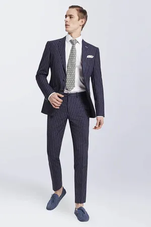 Bespoke Stripes Navy Marriage Suits Narrow Notch Lapel Leisure Suits for Men