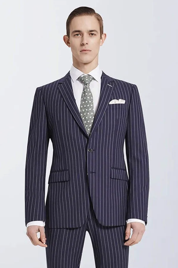 Bespoke Stripes Navy Marriage Suits Narrow Notch Lapel Leisure Suits for Men