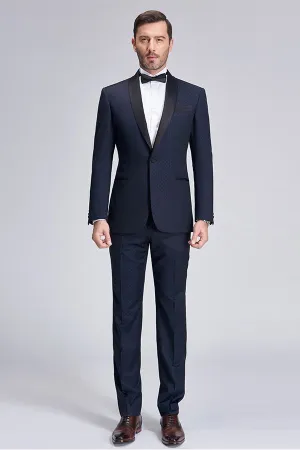 Chic  Blue Dots Shawl Lapel Wedding Tuxedos Dark Navy Wedding Suits for Men