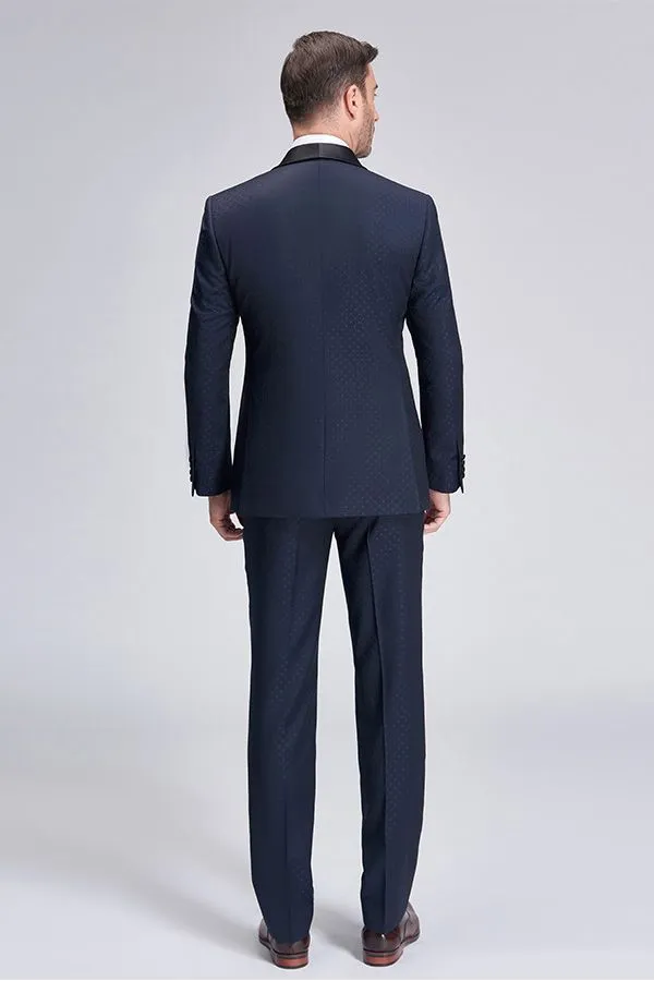 Chic  Blue Dots Shawl Lapel Wedding Tuxedos Dark Navy Wedding Suits for Men
