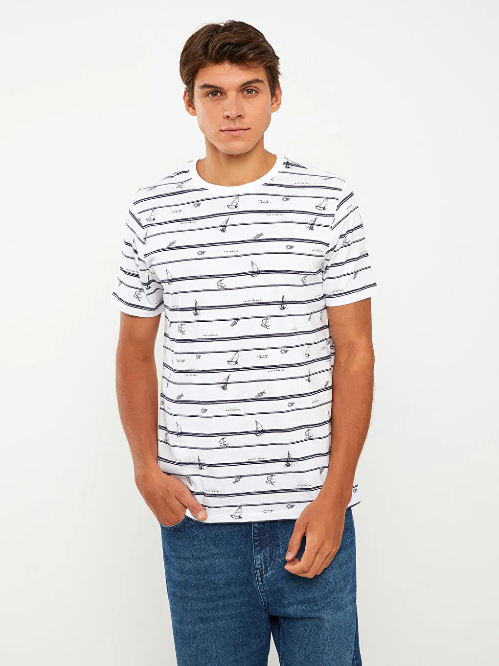 Crew Neck Short Sleeve Patterned Combed Cotton Men's T-Shirt