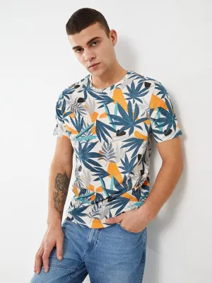 Crew Neck Short Sleeve Patterned Combed Cotton Men's T-Shirt
