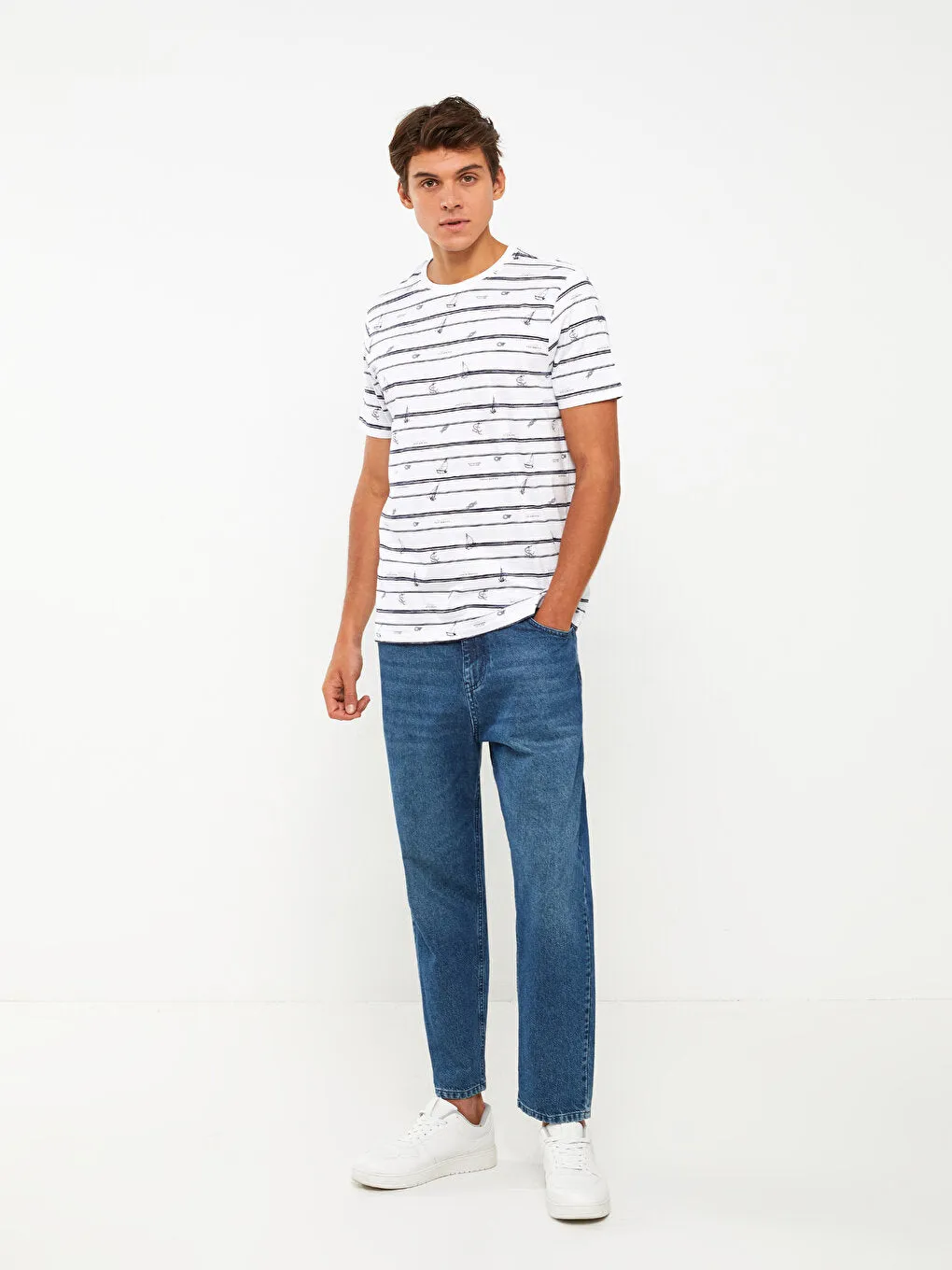 Crew Neck Short Sleeve Patterned Combed Cotton Men's T-Shirt