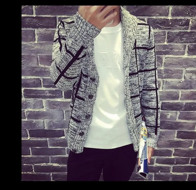fall and winter men clothes men's plaid collar cardigan knit jacket sweater coat plus size good M to XXL 2colors