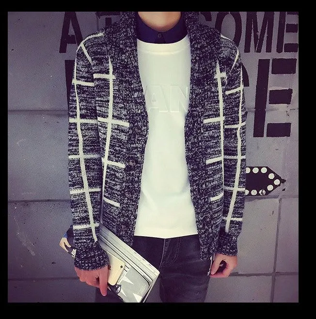 fall and winter men clothes men's plaid collar cardigan knit jacket sweater coat plus size good M to XXL 2colors