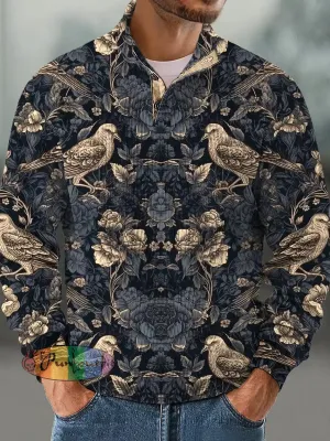 Gentleman Vintage Halloween Raven Floral Print Corduroy Stand Up Sweatshirt