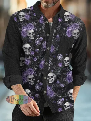 Gentleman Vintage Skull Floral Print Fall And Winter Corduroy Shirt