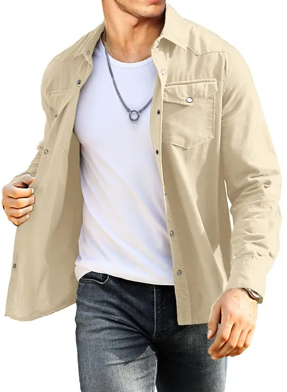 JMIERR Mens Cotton Corduroy Shirt Casual Button Down Long Sleeve Shirt with Flap Pockets