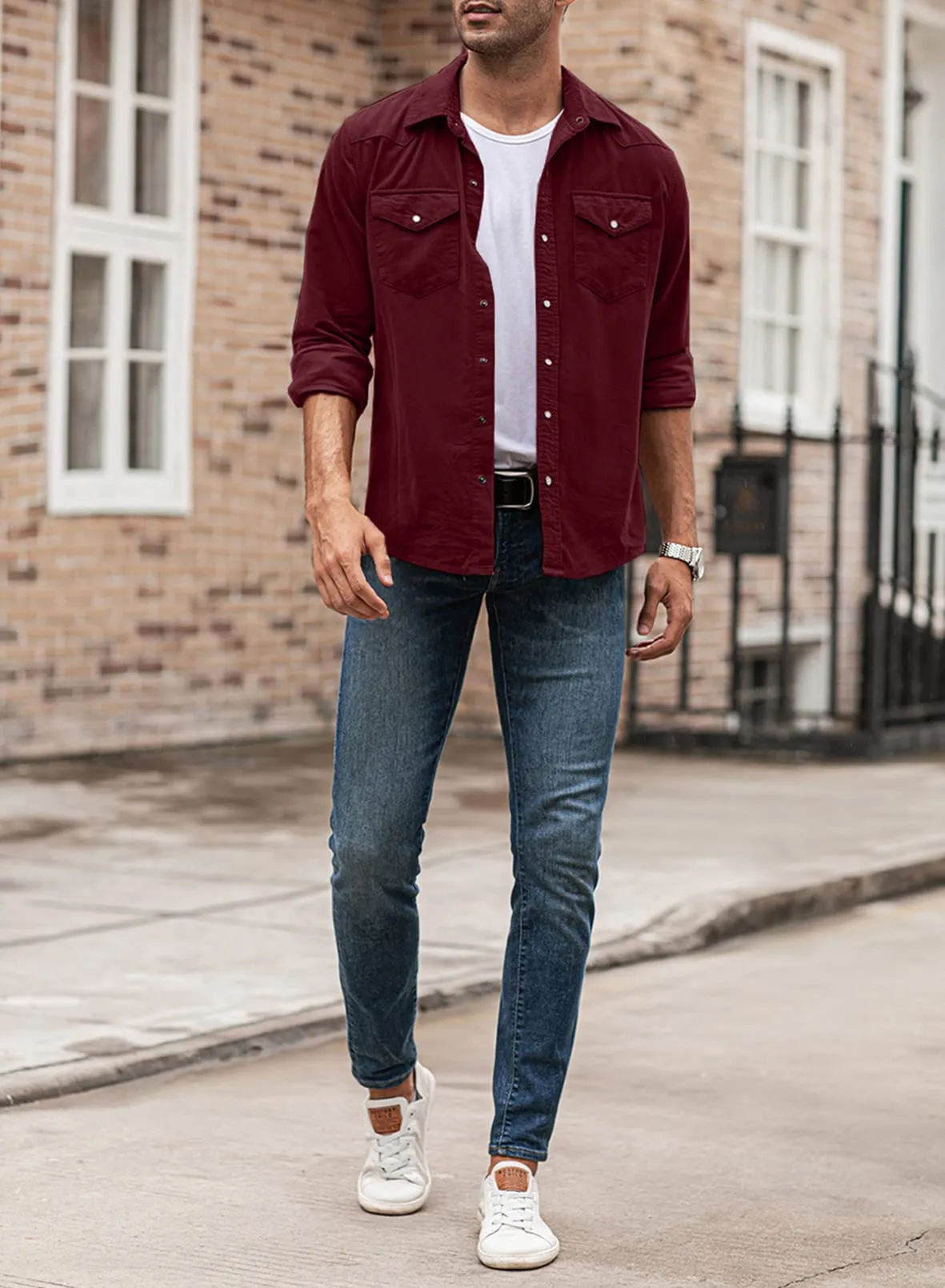 JMIERR Mens Cotton Corduroy Shirt Casual Button Down Long Sleeve Shirt with Flap Pockets