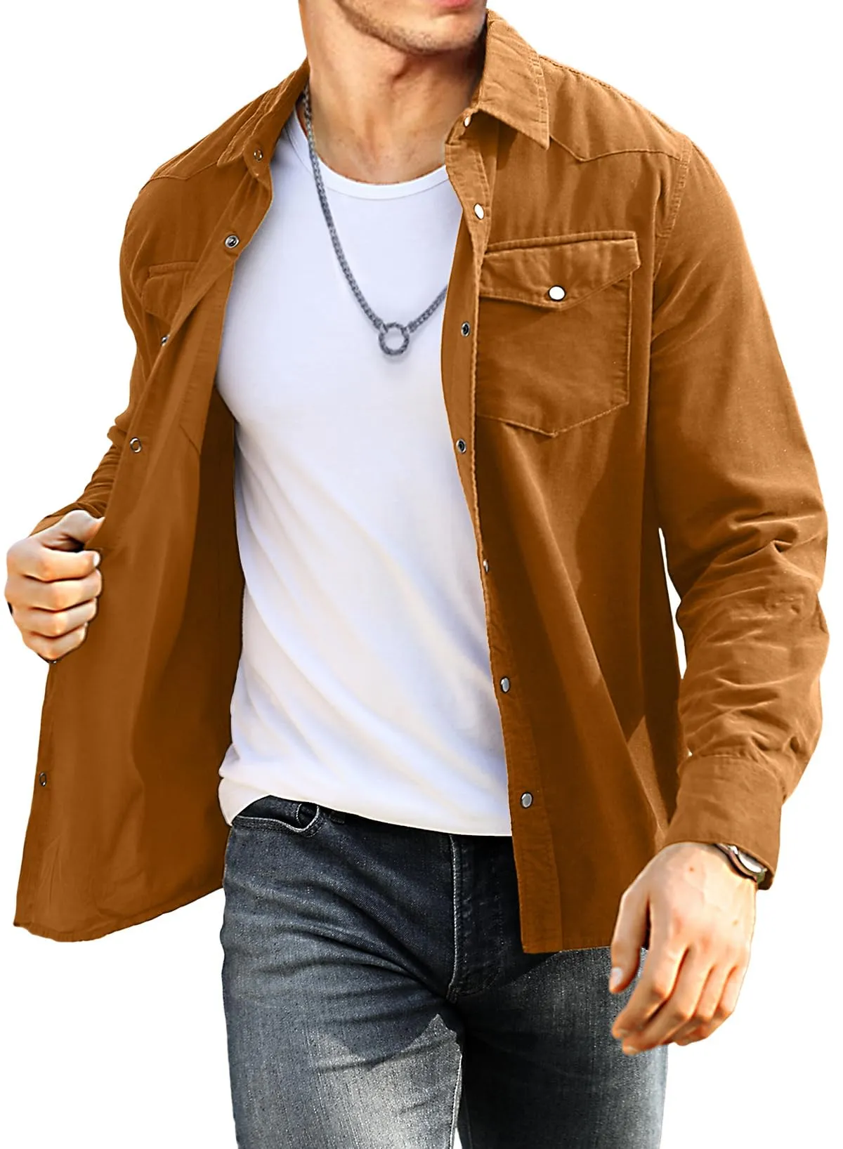 JMIERR Mens Cotton Corduroy Shirt Casual Button Down Long Sleeve Shirt with Flap Pockets