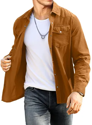 JMIERR Mens Cotton Corduroy Shirt Casual Button Down Long Sleeve Shirt with Flap Pockets