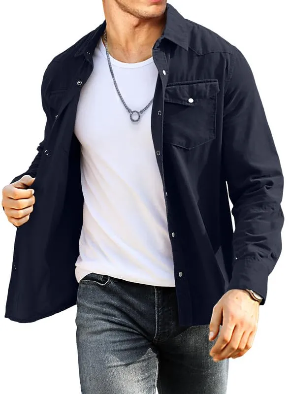 JMIERR Mens Cotton Corduroy Shirt Casual Button Down Long Sleeve Shirt with Flap Pockets