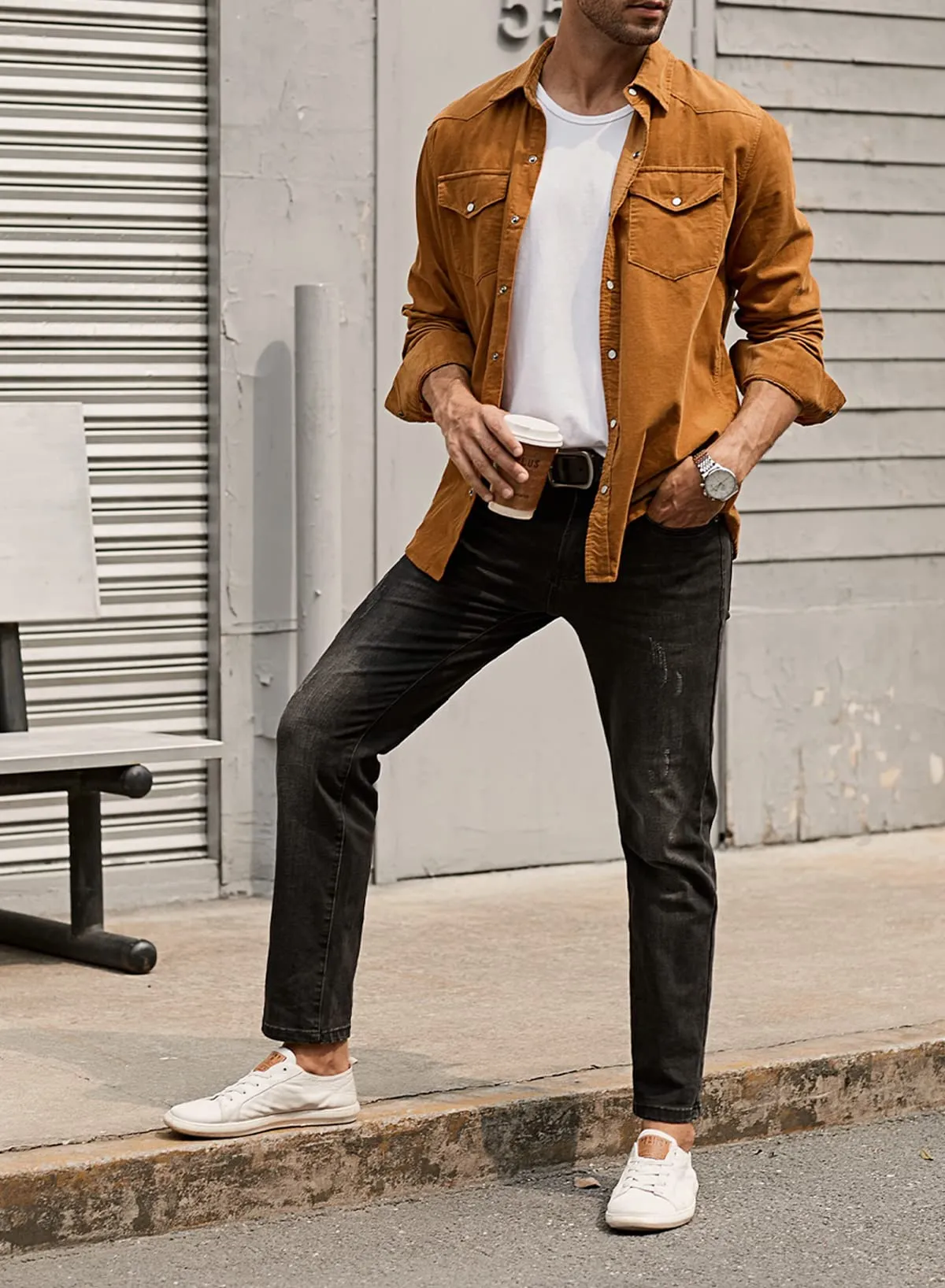 JMIERR Mens Cotton Corduroy Shirt Casual Button Down Long Sleeve Shirt with Flap Pockets