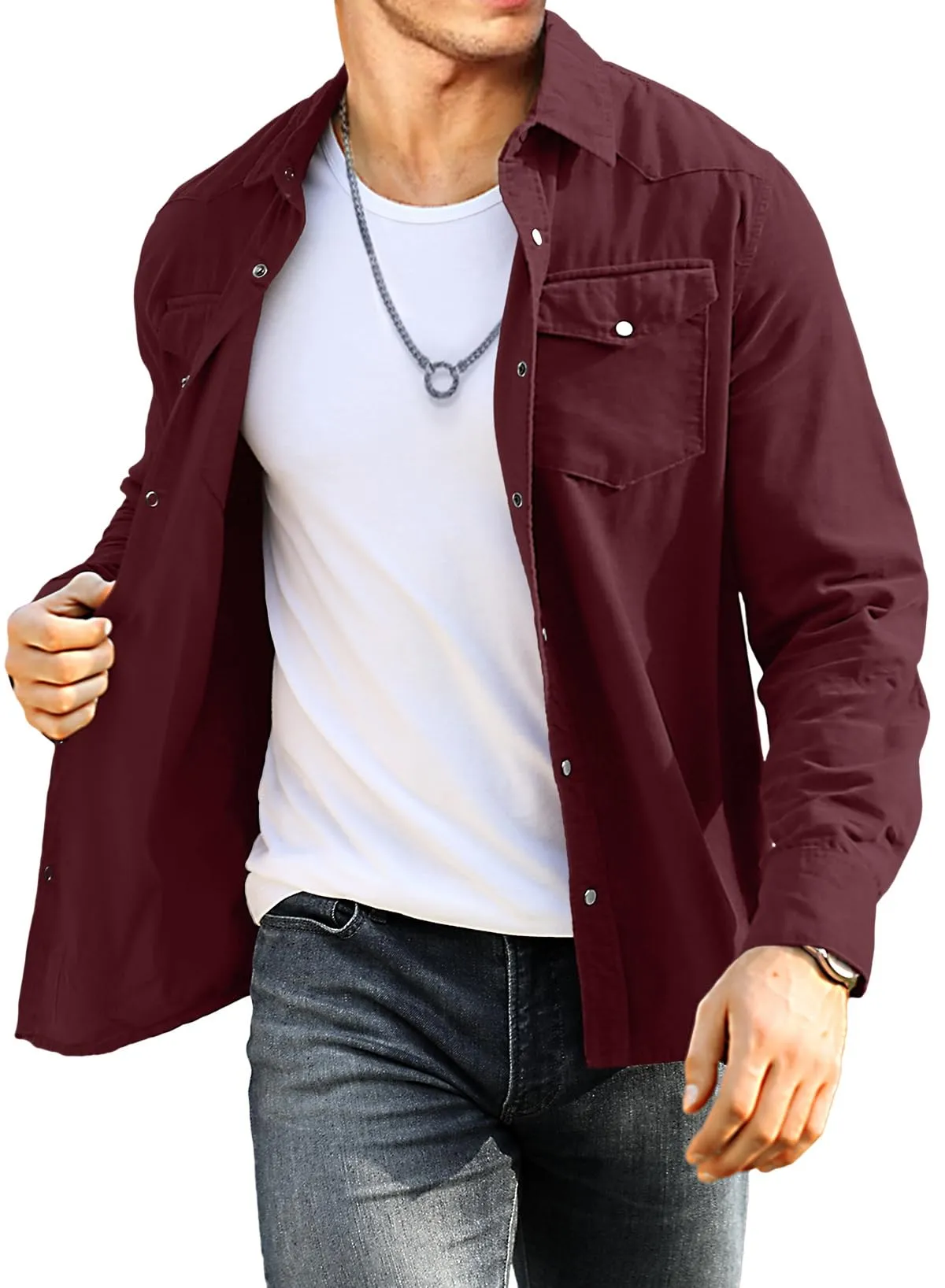 JMIERR Mens Cotton Corduroy Shirt Casual Button Down Long Sleeve Shirt with Flap Pockets