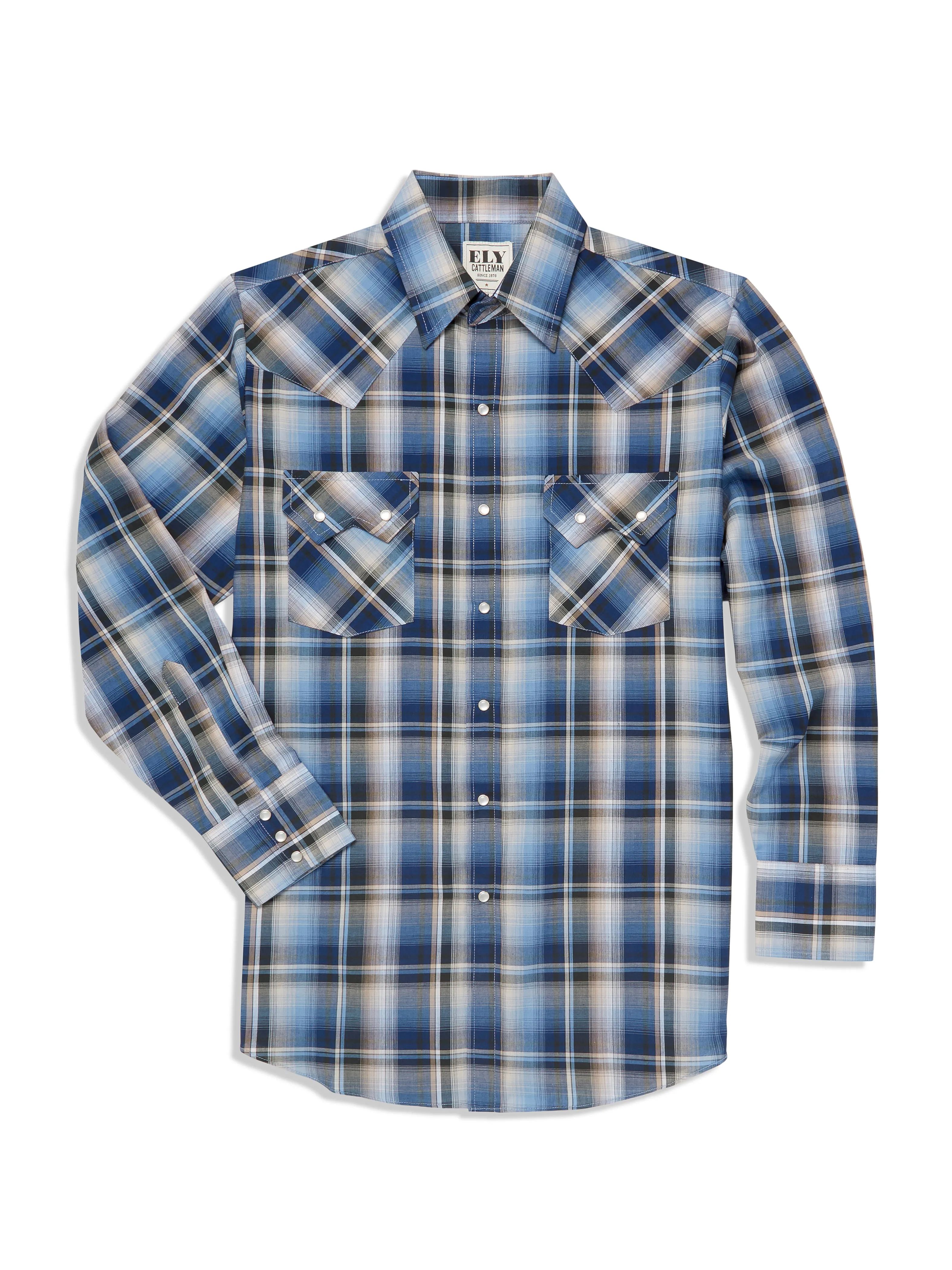Men's Ely Cattleman Long Sleeve Ombre Plaid Western Snap Shirt- Blue & Rust