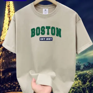 Men's T-Shirt 100% Cotton Short Sleeve Crew Neck Tee, BOSTON Graphic Print T-shirt