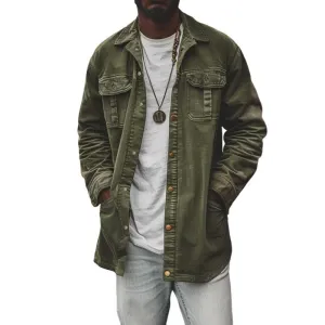Men's Vintage Corduroy Washed Lapel Mid-length Multi-pocket Work Jacket