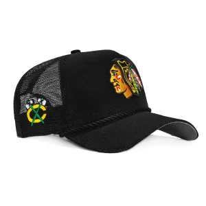 New Era 9Forty A-Frame Corduroy Rope Chicago Blackhawks Logo Patch Snapback Trucker Hat - Black