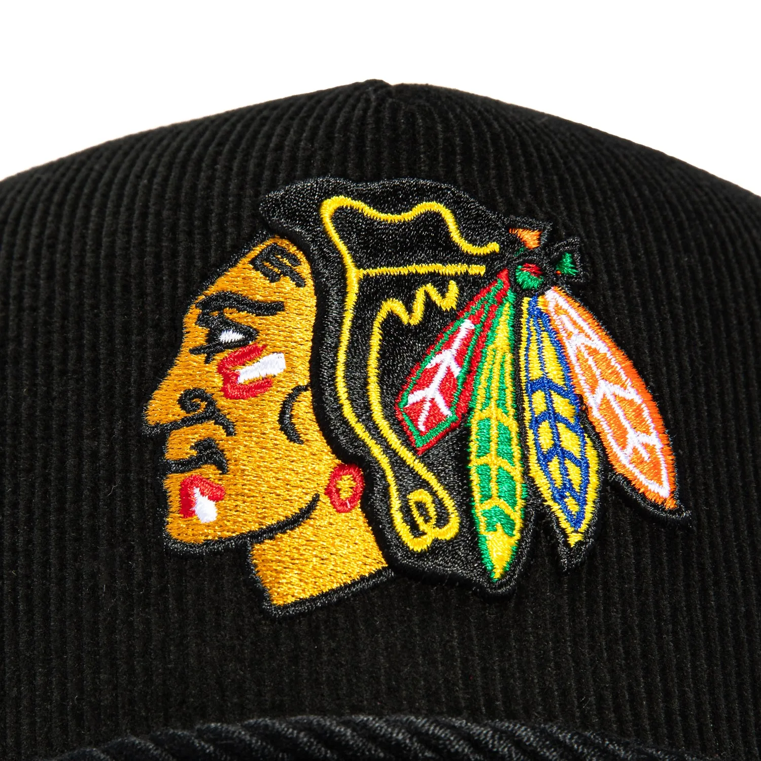 New Era 9Forty A-Frame Corduroy Rope Chicago Blackhawks Logo Patch Snapback Trucker Hat - Black