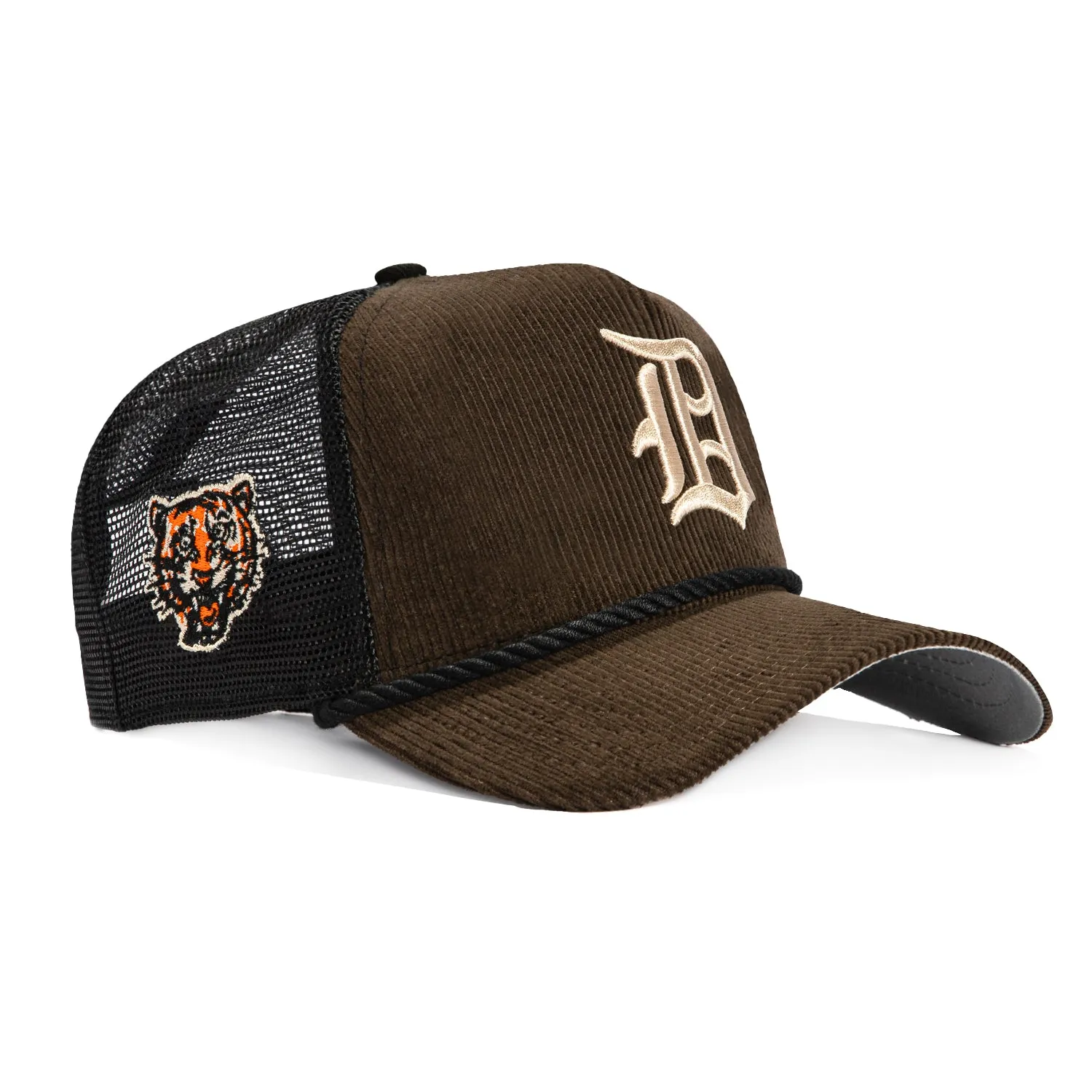 New Era 9Forty A-Frame Corduroy Rope Detroit Tigers Logo Patch Snapback Trucker Hat - Brown, Black