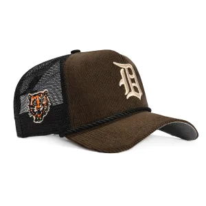 New Era 9Forty A-Frame Corduroy Rope Detroit Tigers Logo Patch Snapback Trucker Hat - Brown, Black