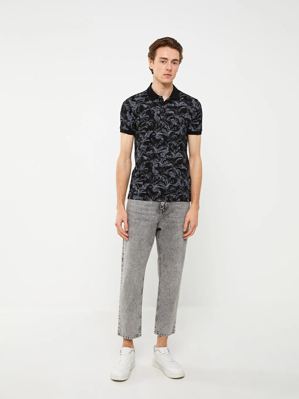 Polo Neck Short Sleeve Patterned Combed Cotton Men's T-Shirt