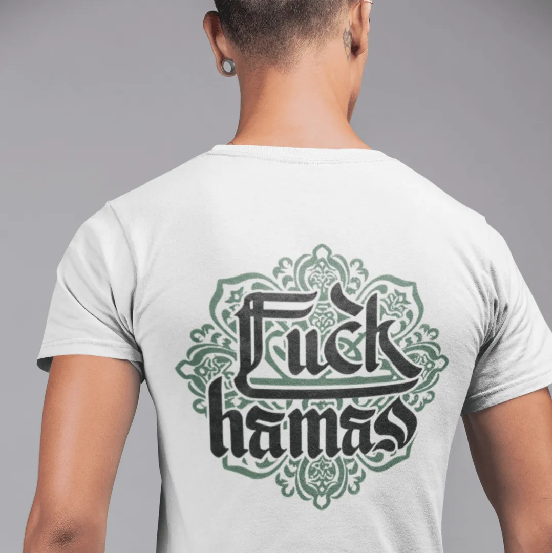 "Fuck Hamas Arabesque" White T-shirt for Men | Art by Ori Bejerano