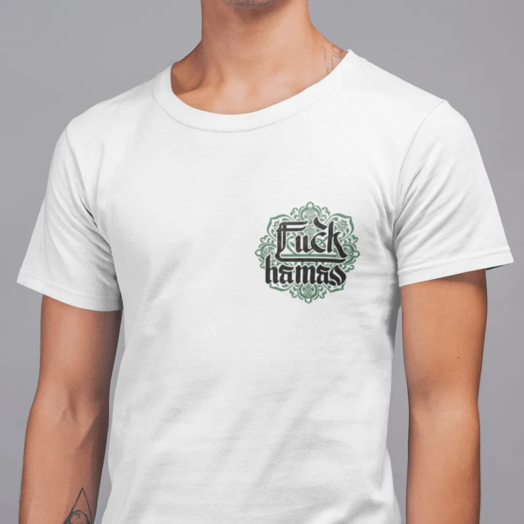 "Fuck Hamas Arabesque" White T-shirt for Men | Art by Ori Bejerano