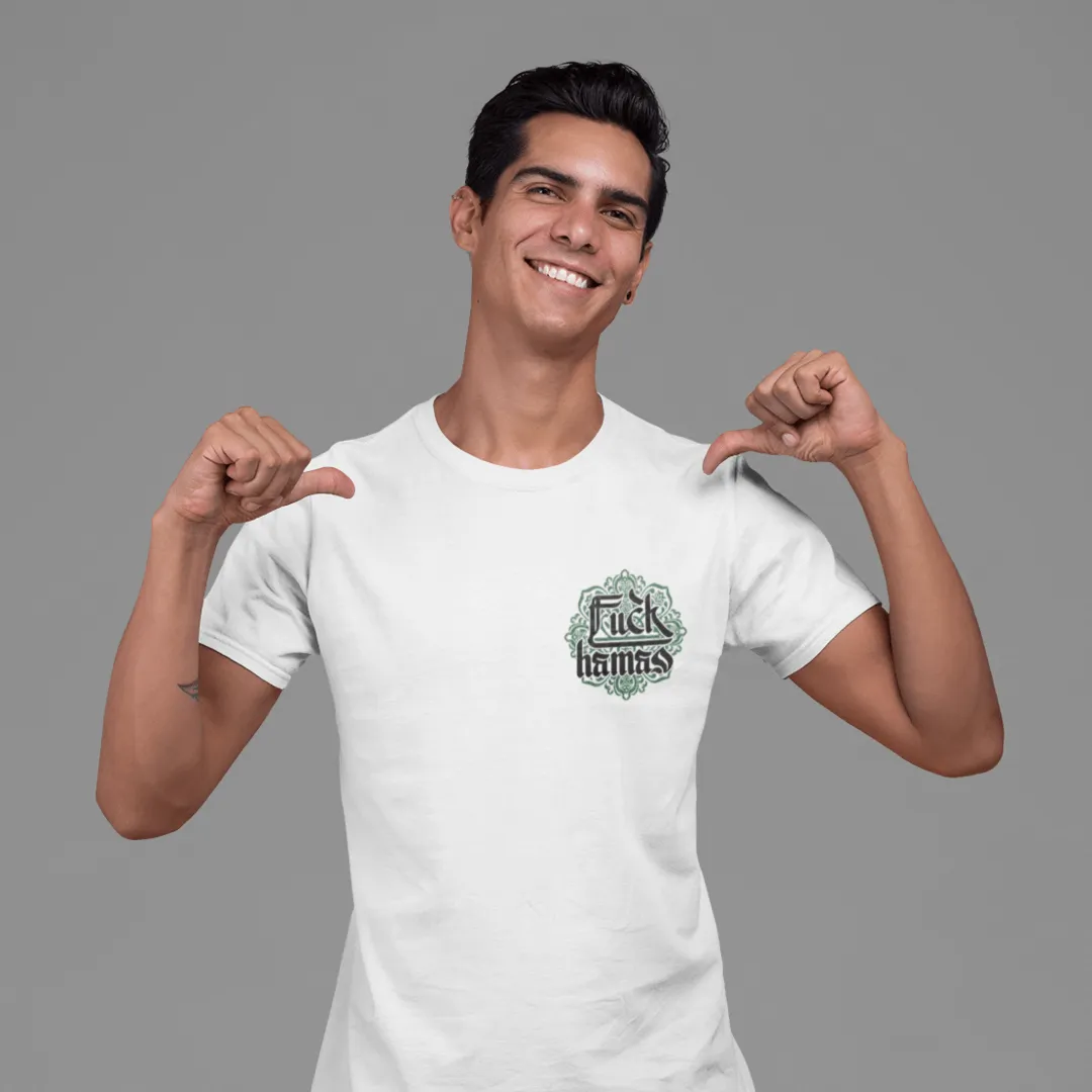"Fuck Hamas Arabesque" White T-shirt for Men | Art by Ori Bejerano