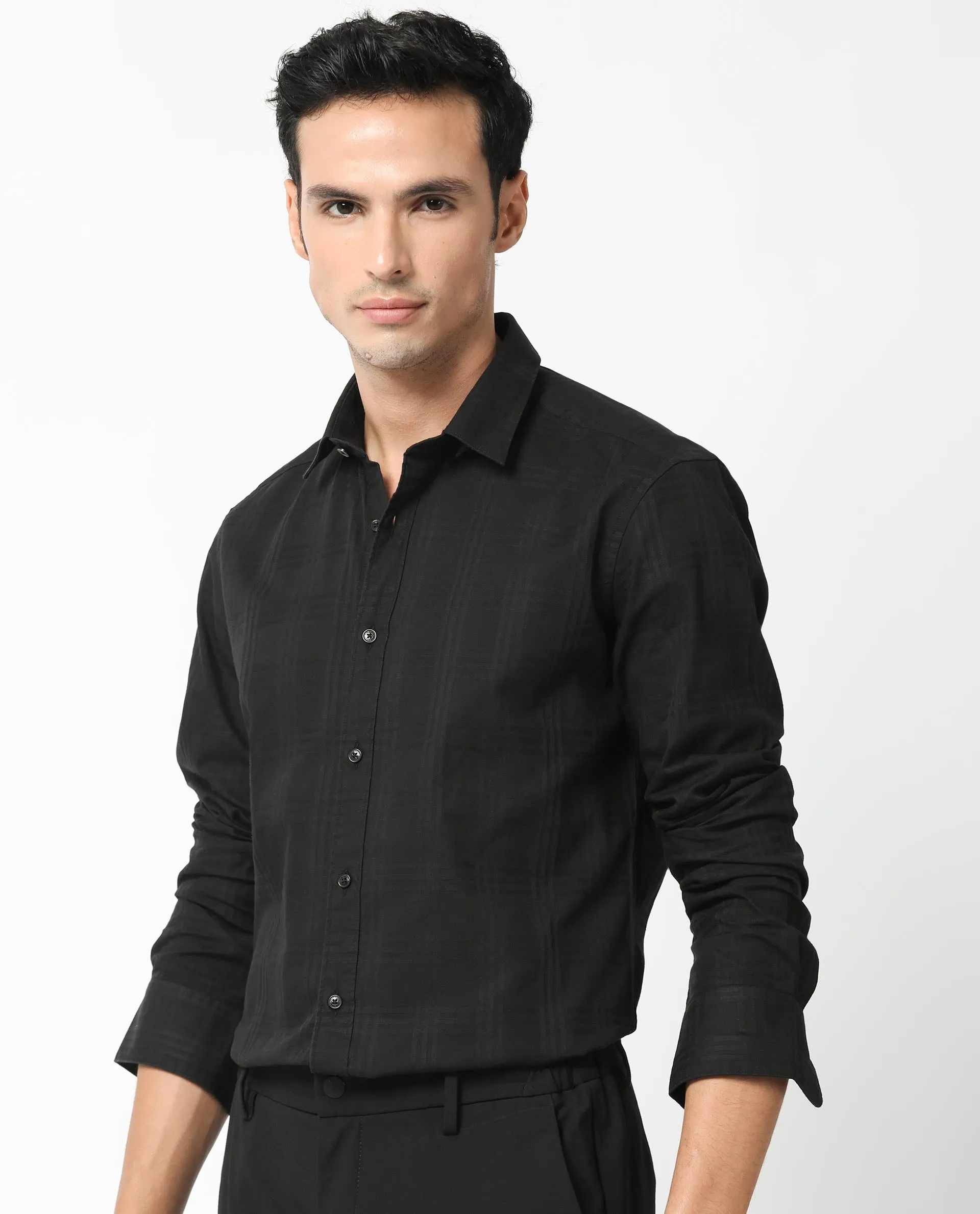 Rare Rabbit Men's Roar Black Cotton Fabric Full Sleeves Checks Shirt