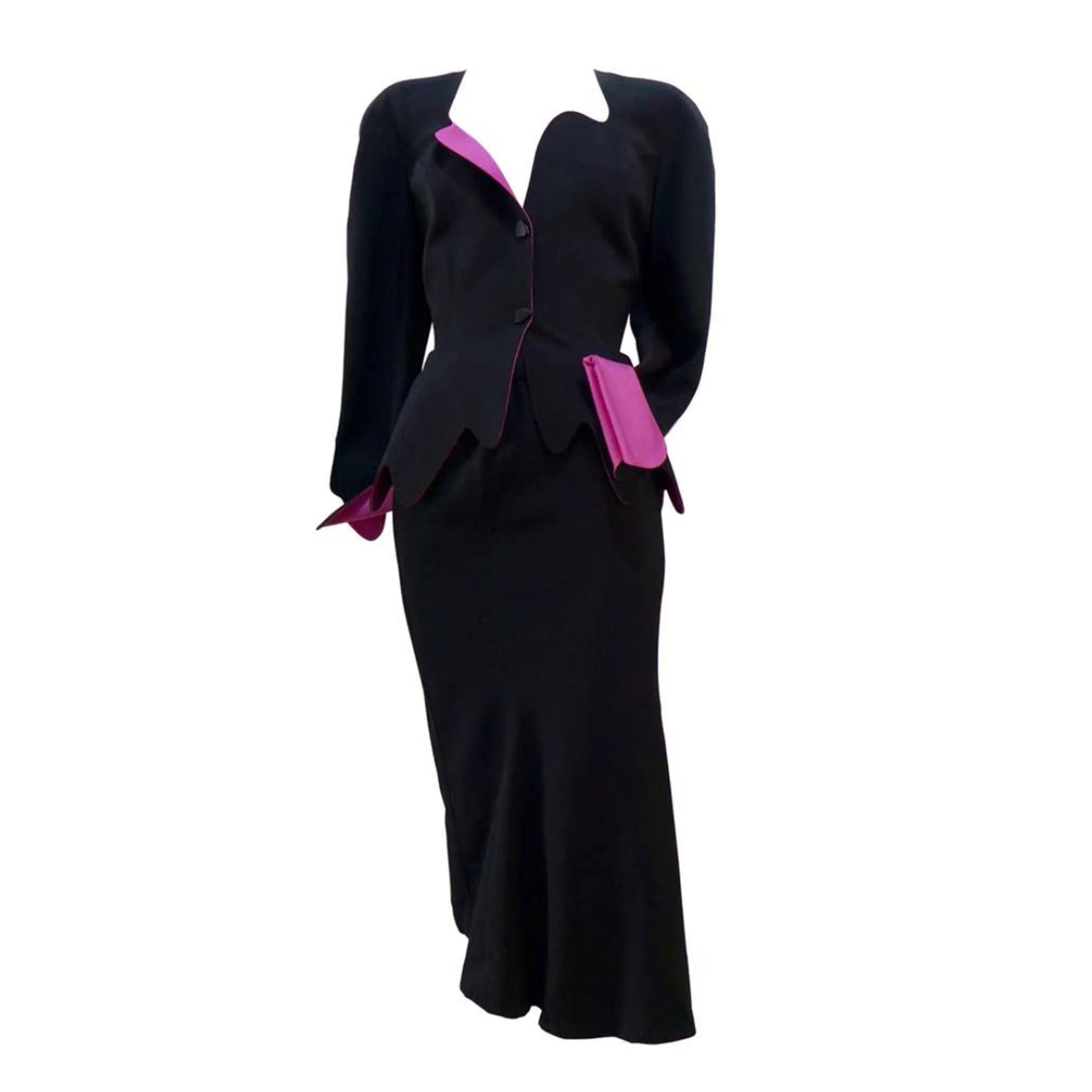 THIERRY MUGLER Black with Pink Lining and Cuff Skirt Suit Size 40