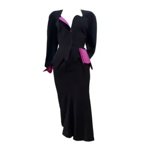 THIERRY MUGLER Black with Pink Lining and Cuff Skirt Suit Size 40