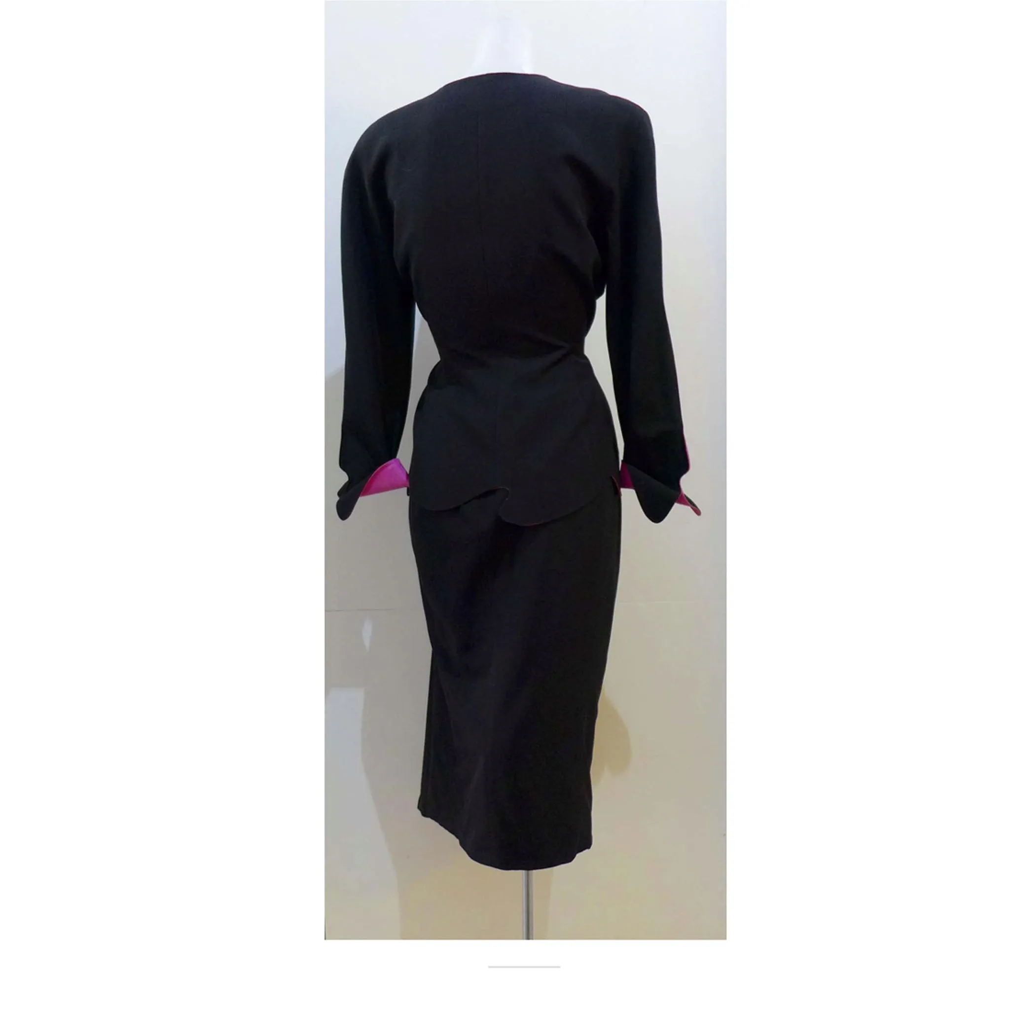 THIERRY MUGLER Black with Pink Lining and Cuff Skirt Suit Size 40