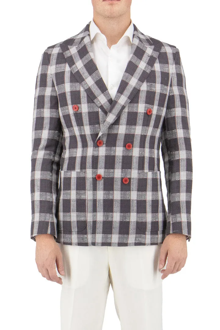Tiglio Luxe Gray with White and Red Windowpane Santorini /THP Slim Fit Half Lined, Pure Wool Jacket TL2623