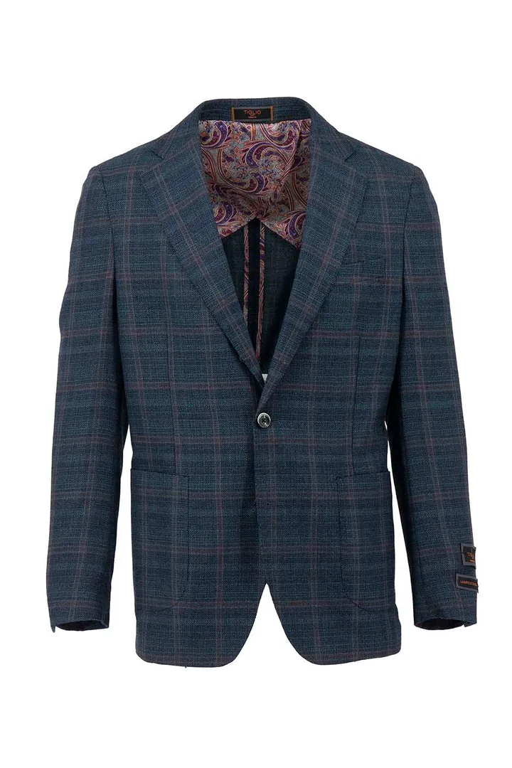 Tiglio Luxe Ocean with Navy and Red Windowpane Dolcetto/THP Modern Fit half lined, Pure Wool Jacket TL7522