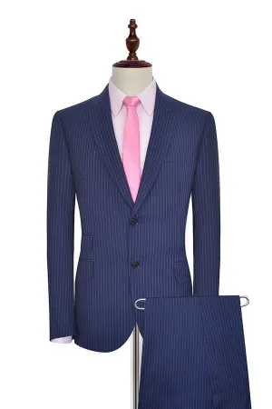 Vertical Stripes Peak Lapel Mens Suits for Business Two Buttons Navy Blue Suits for Men