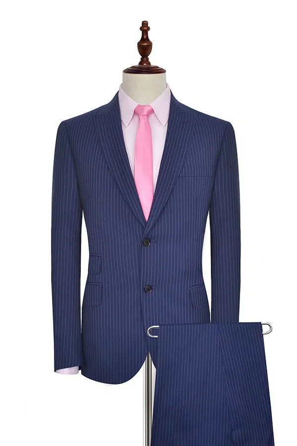 Vertical Stripes Peak Lapel Mens Suits for Business Two Buttons Navy Blue Suits for Men
