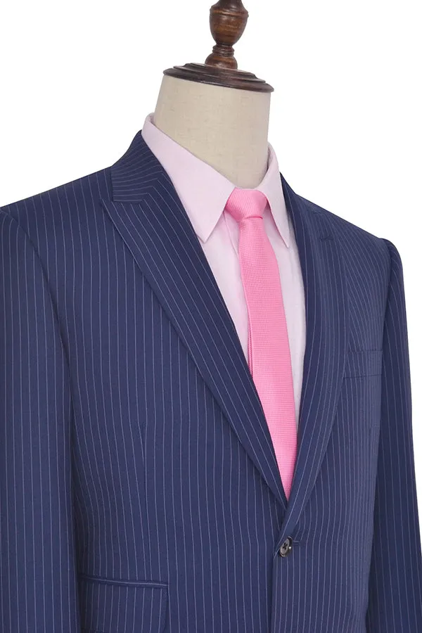Vertical Stripes Peak Lapel Mens Suits for Business Two Buttons Navy Blue Suits for Men