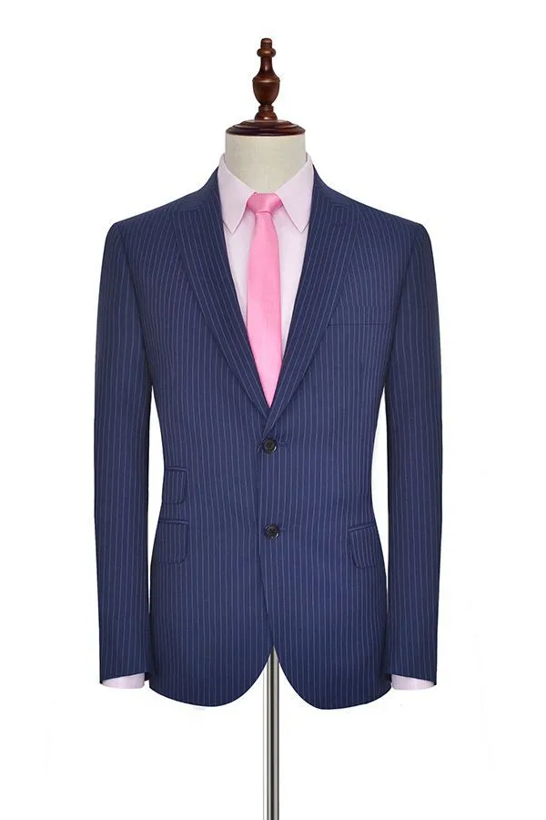 Vertical Stripes Peak Lapel Mens Suits for Business Two Buttons Navy Blue Suits for Men