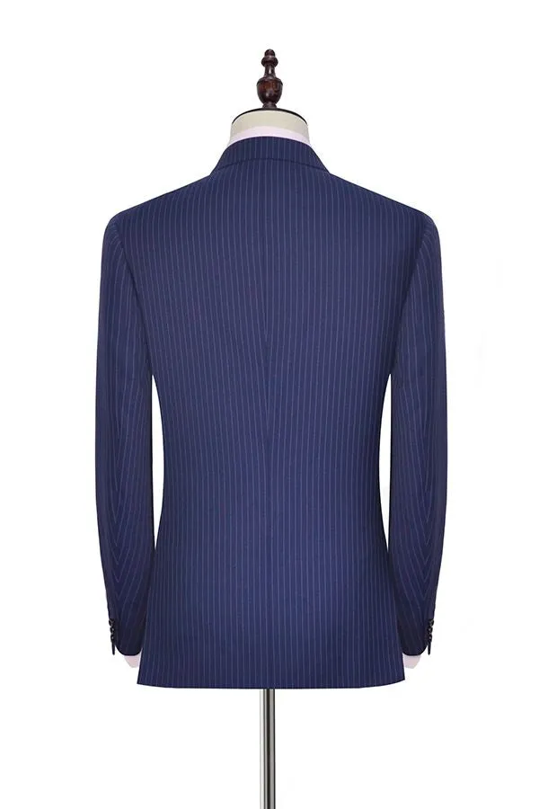 Vertical Stripes Peak Lapel Mens Suits for Business Two Buttons Navy Blue Suits for Men